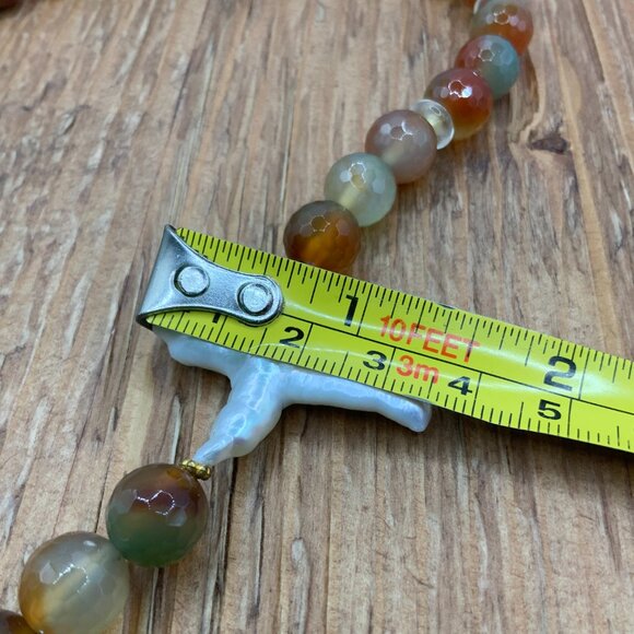 Multi Colored Agate Gemstones Beaded Fresh Water Pearl Cross Gold Tone Necklace - Picture 9 of 9